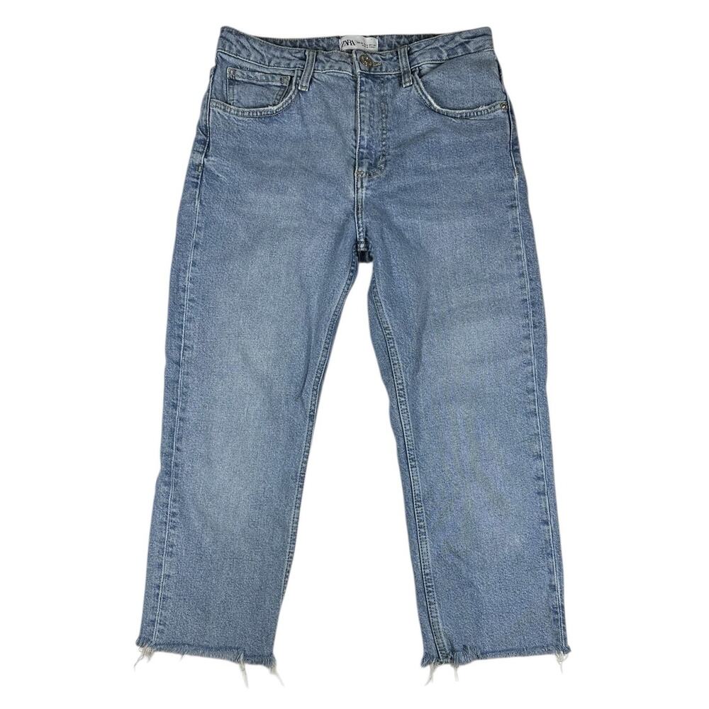 Zara Womens Cropped Jeans Frayed Hem Blue Wash Straight Leg High Rise US 6 EU 38